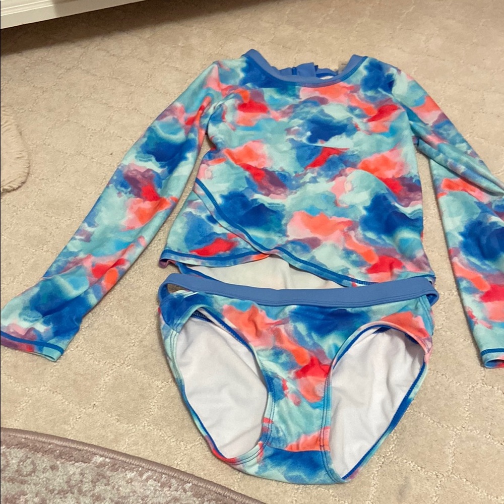 Blue and Pink Rashguard Swim Set with Abstract Pattern